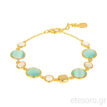 Ασημένιο επίχρυσο βραχιόλι με μάτι γάτας και φίλντισι