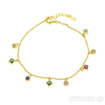 Ασημένιο επίχρυσο βραχιόλι με πολύχρωμα ζιρκον