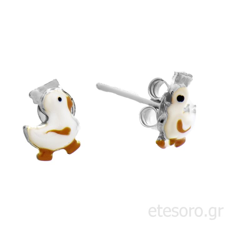 Silver Earings Ducks With Enamel