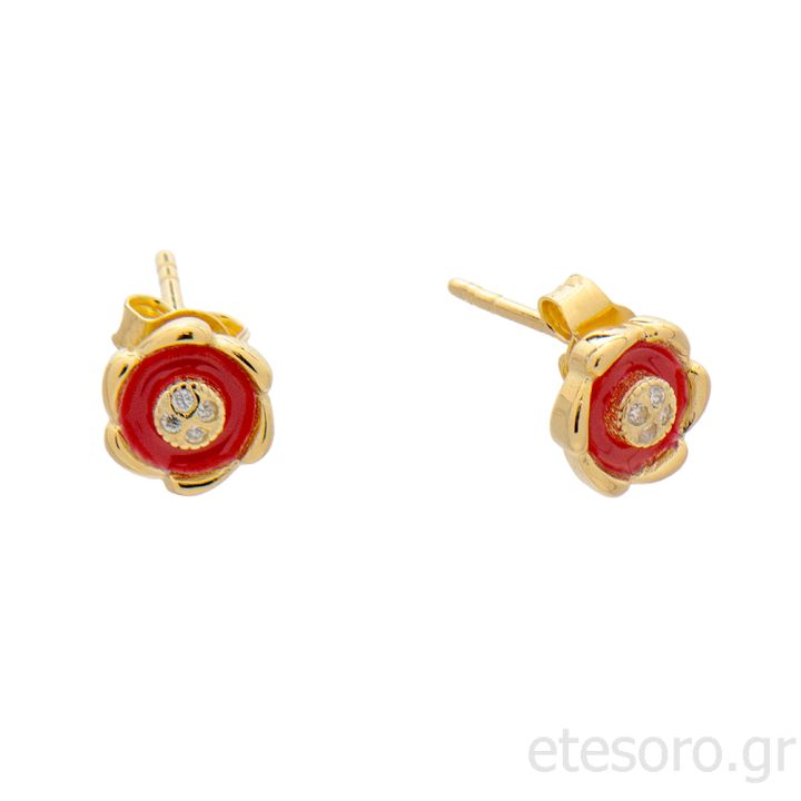 Silver Goldplated Earings Flower With Enamel And Zirconia