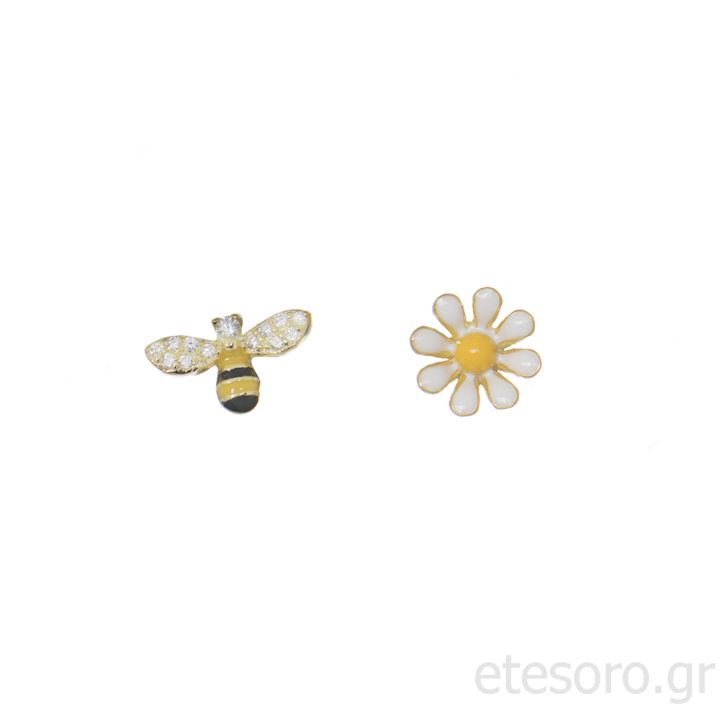 Ασημένια Επίχρυσα Σκουλαρίκια Μέλισσα Και Μαργαρίτα Με Σμάλτο Και Ζιρκόν