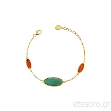 Ασημένιο επίχρυσο βραχιόλι με αχάτες