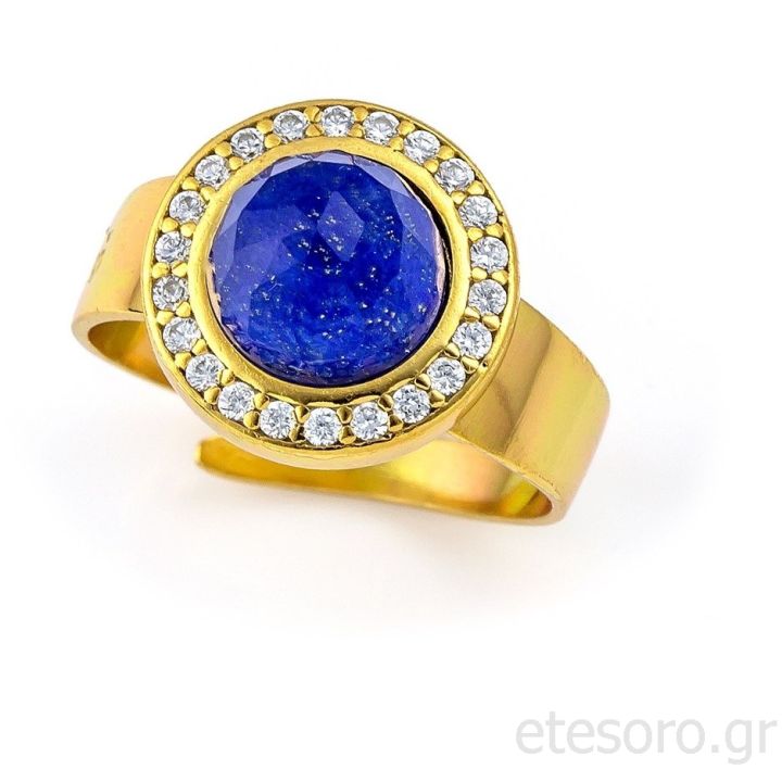 Silver Goldplated Open Ring With Lapis Lazuli And Zirconia