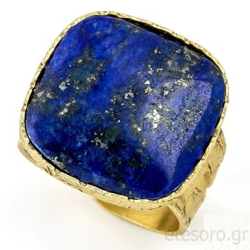 Ασημένιο Επίχρυσο Ανοιχτό Δαχτυλίδι Με Λάπις Λάζουλι