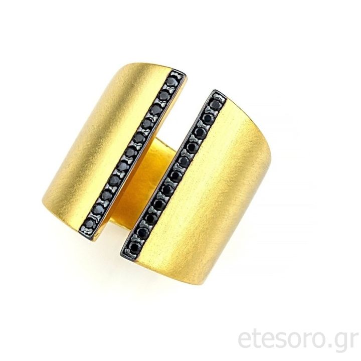 Gold plated Silver ring with Black cubic zirconia