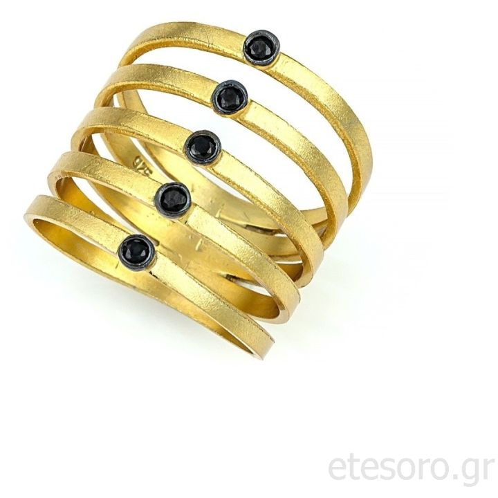 Ασημένιο επίχρυσο δαχτυλίδι με μαύρα ζιρκόν