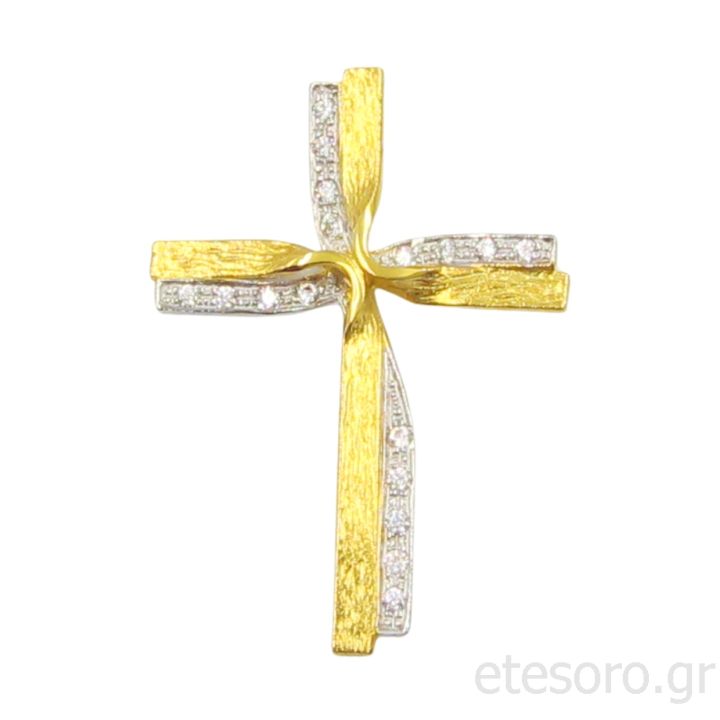 14Κ Χρυσός Δίχρωμος Γυναικείος Βαπτιστικός Σταυρός Με Ζιρκόν