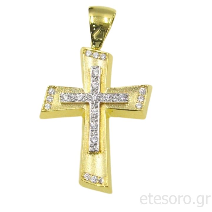 14Κ Χρυσός Γυναικείος Δίχρωμος Βαπτιστικός Σταυρός Ζιρκόν