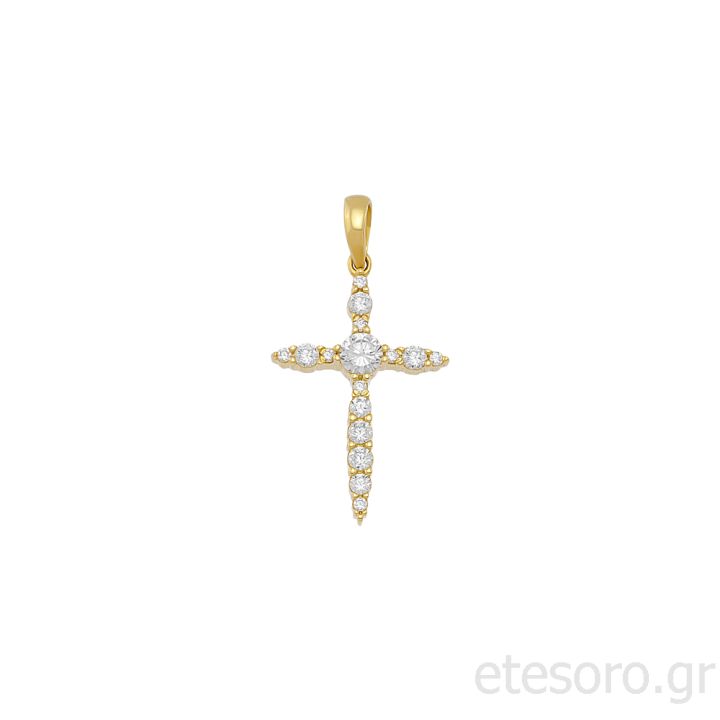 14Κ Χρυσός Γυναικείος Βαπτιστικός Σταυρός Με Ζιρκόν