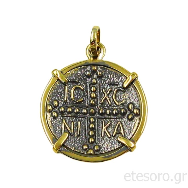Two Τone 14K Gold Constantine Coin Pendant Black Rhodium Plated