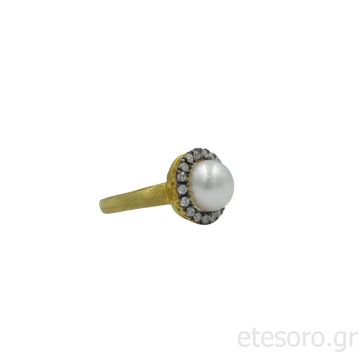 14Κ Χρυσό Δαχτυλίδι Ροζέτα Με Μαργαριτάρι Και Ζιργκόν