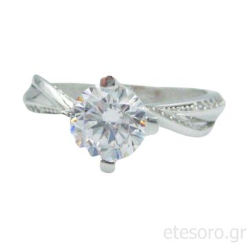 14Κ Λευκόχρυσο Δαχτυλίδι Μονόπετρο Με Στρογγυλό Ζιρκόν Στο Κέντρο
