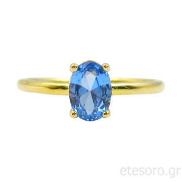 14Κ Χρυσό Δαχτυλίδι Μονόπετρο Με Οβάλ Γαλάζια Πέτρα Swarovski
