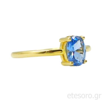 14Κ Χρυσό Δαχτυλίδι Μονόπετρο Με Οβάλ Γαλάζια Πέτρα Swarovski