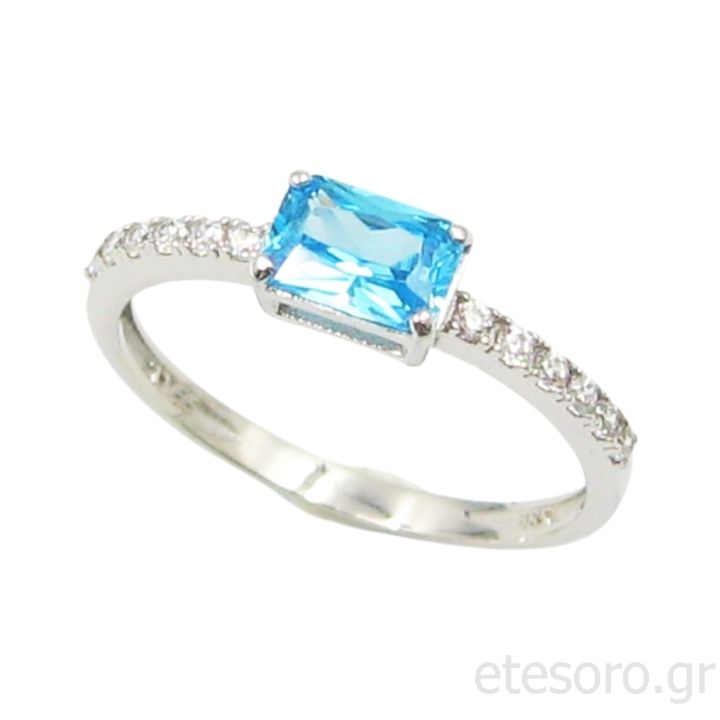 14K White Gold Ring With Light Blue Swarovski Stone And White Zirconia