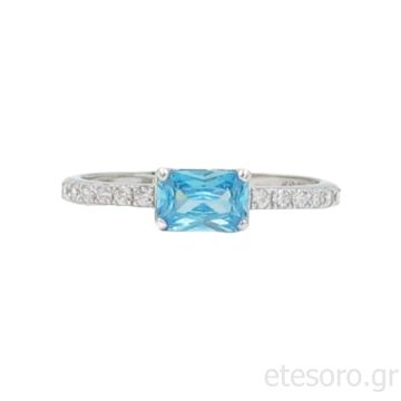 14Κ Λευκόχρυσο Δαχτυλίδι Με Γαλάζιο Swarowski Και Λευκά Ζιρκόν