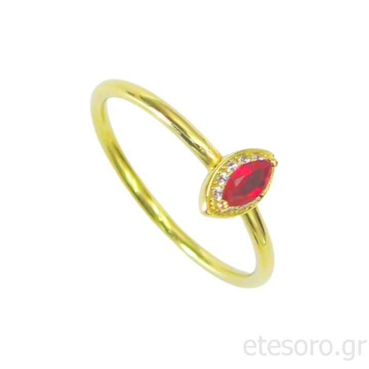 14K Gold Ring Rosette Oval With Red And White Zirconia Stones