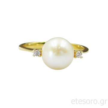 14Κ Χρυσό Δαχτυλίδι Μονόπετρο Με Μαργαριτάρι Και Ζιργκόν
