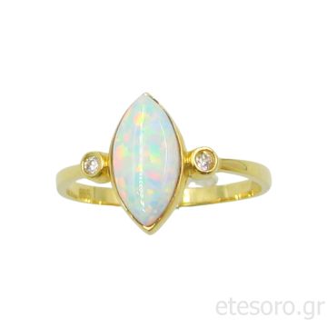14Κ Χρυσό Δαχτυλίδι Μονόπετρο Με Οπάλιο Και Ζιργκόν