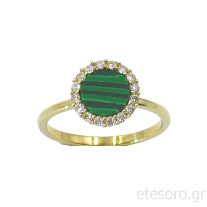 14K Gold Ring Rosette With Malachite And Zirconia Stones