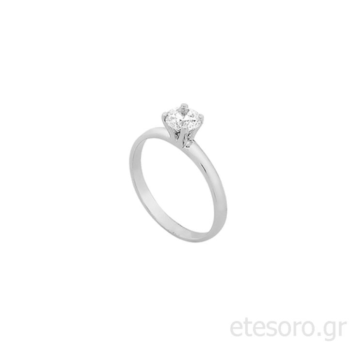 14Κ Λευκόχρυσο Δαχτυλίδι Μονόπετρο Με Στρογγυλό Ζιργκόν