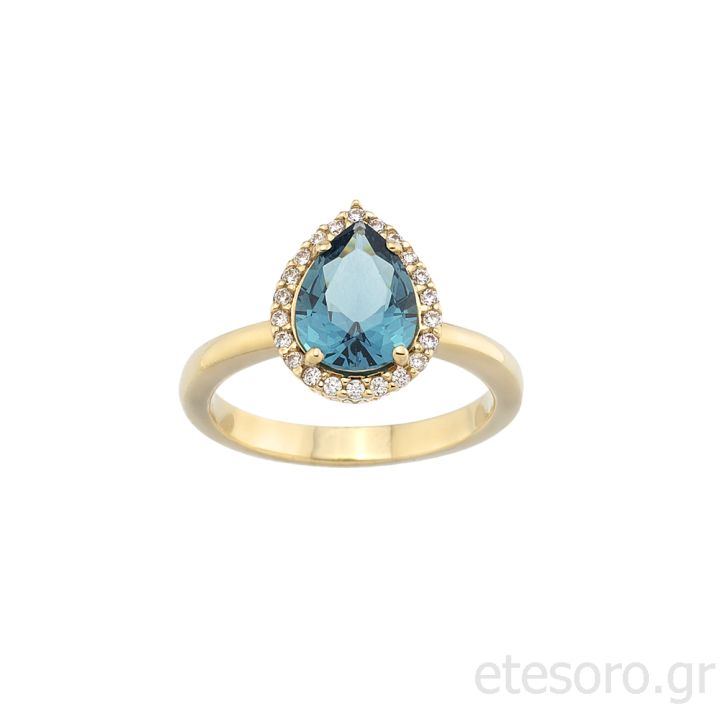 14K Gold Ring With London Blue And  White Cubic Zirconia