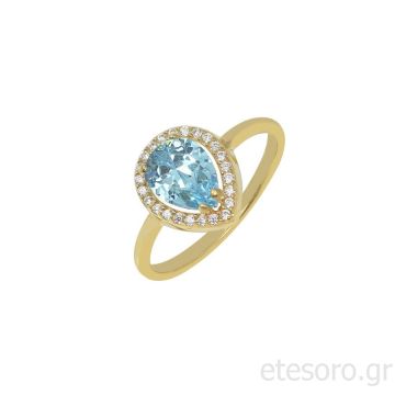 14Κ Χρυσό Δαχτυλίδι Ροζέτα Με Μπλε Ζιργκόν