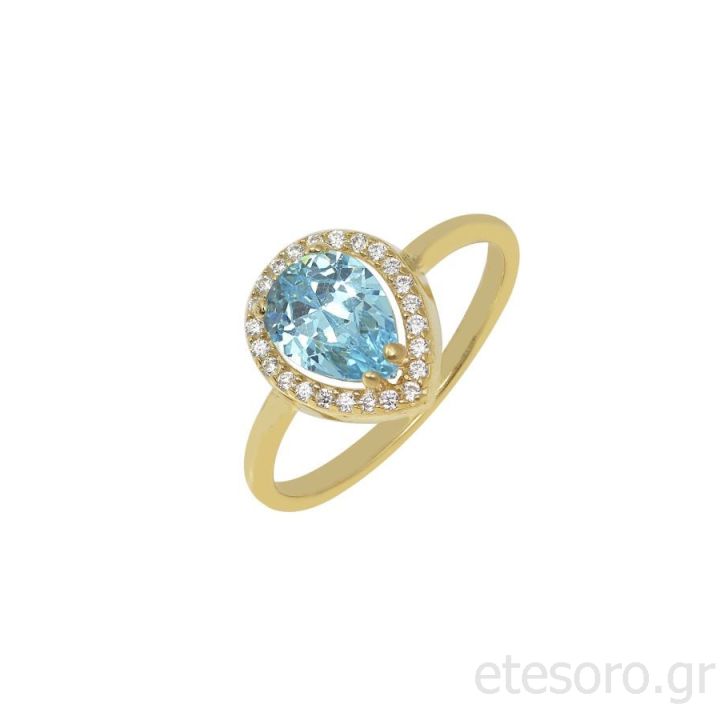 14K Gold Ring Rosette With Blue Zirconia Stone