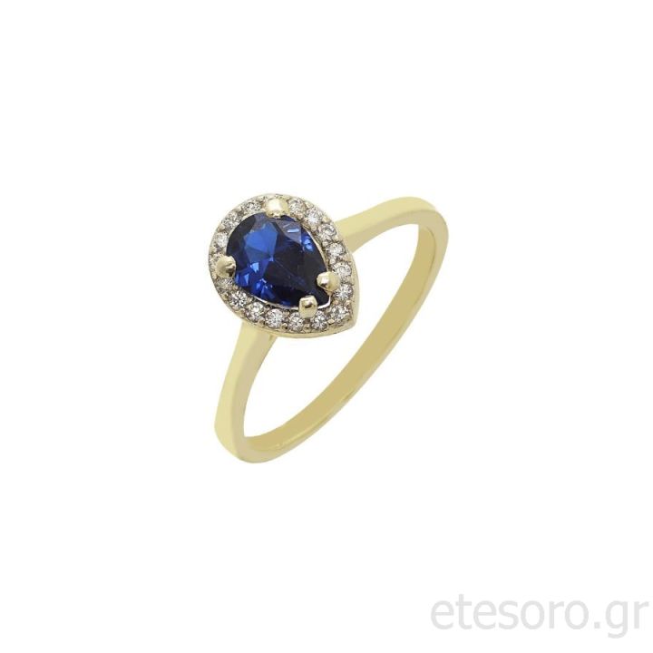 14K Gold Ring Rosette With Dark Blue Zirconia Stone
