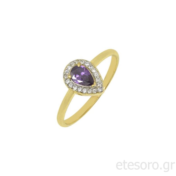 14K Gold Ring Rosette With Dark Purple Zirconia Stone