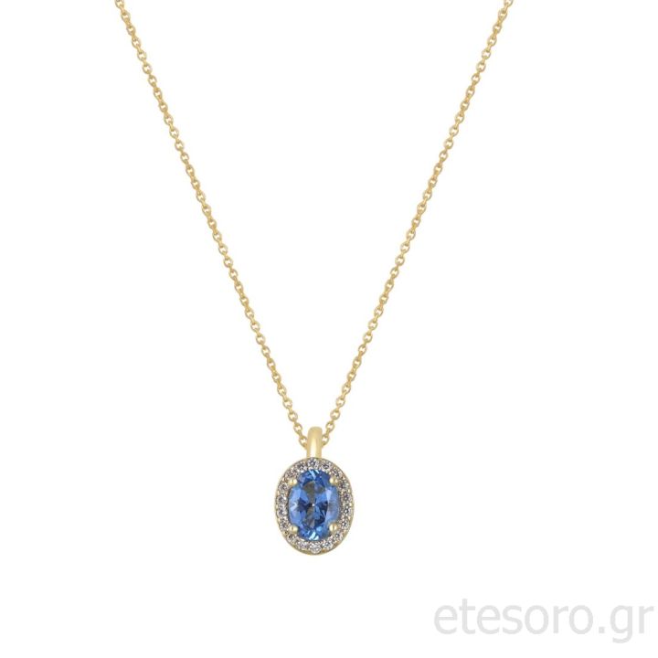 14K Gold Necklace With Royal Blue Cubic Zirconia