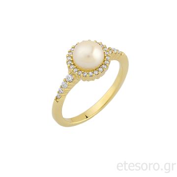 Χρυσό δαχτυλίδι με μαργαριτάρι και ζιργκόν