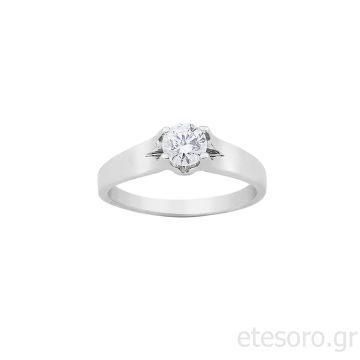 14Κ Λευκόχρυσο Δαχτυλίδι Μονόπετρο Με Στρογγυλό Ζιργκόν