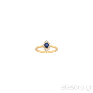14K Χρυσό Μονόπετρο Δαχτυλίδι Με Μπλε και Λευκά Ζιργκόν