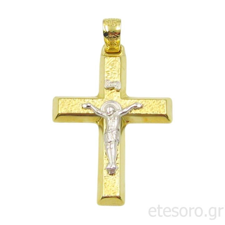 14Κ Χρυσός Δίχρωμος Ανδρικός Βαπτιστικός Σταυρός Με Τον Εσταυρωμένο