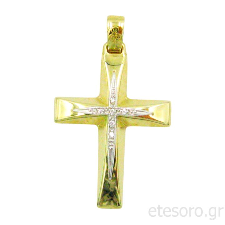 14K Gold Two Colour Cross Pendant With Zirconia