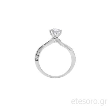 14Κ Λευκόχρυσο Δαχτυλίδι Μονόπετρο Με Στρογγυλό Ζιρκόν Στο Κέντρο 