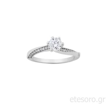 14Κ Λευκόχρυσο Δαχτυλίδι Μονόπετρο Με Στρογγυλό Ζιρκόν Στο Κέντρο 