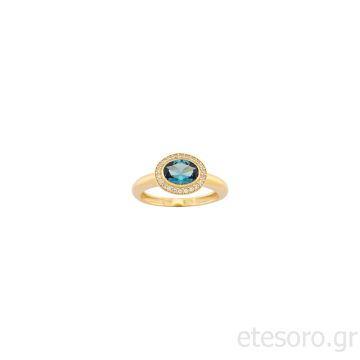 14K Χρυσό Δαχτυλίδι Με London Blue και λευκά Ζιρκόν